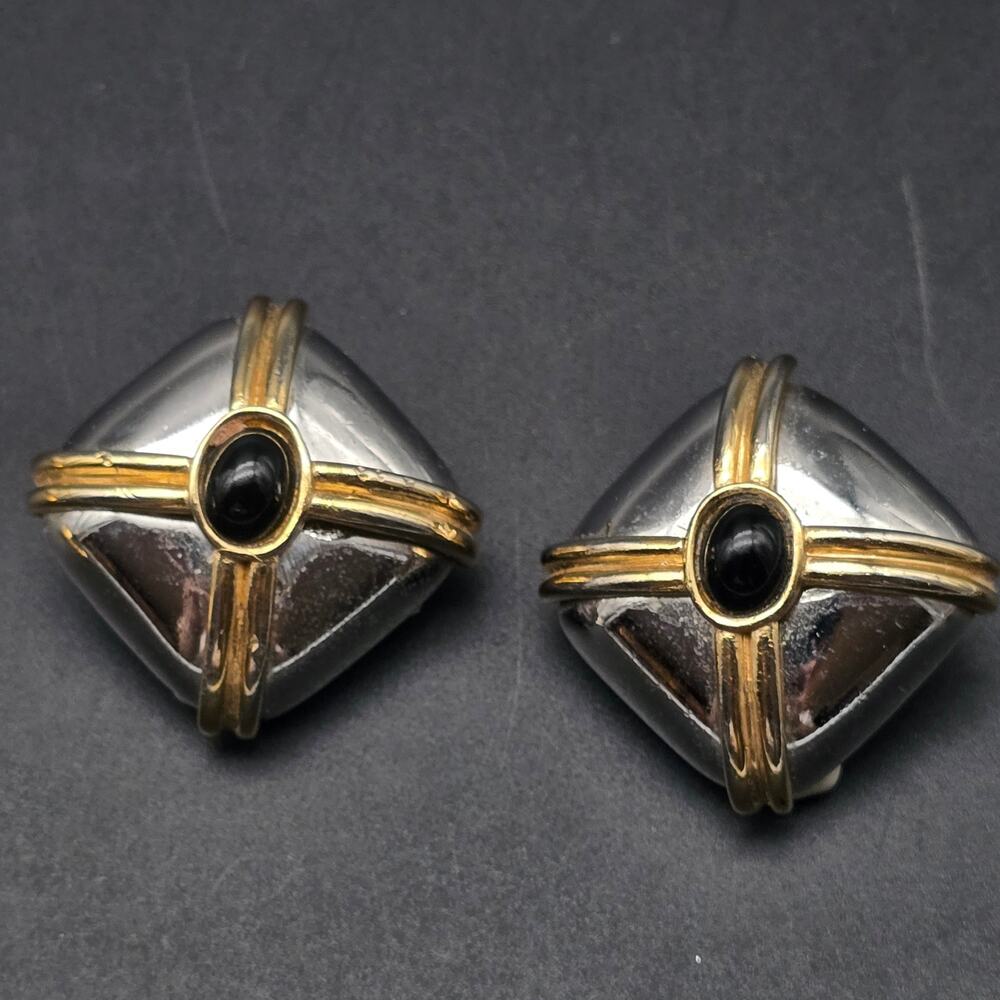 Ciner Clip On Earrings Gold Tone Silver Tone X Criss Cross Black Cabochon